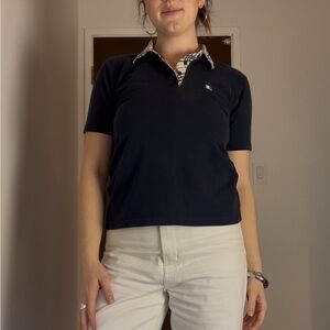 Burberry Navy Short Sleeve Polo with Check Collar